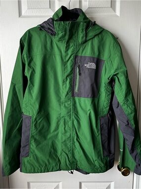 North Face Hyvent Shell Jacket Mens Removable Hood Waterproof GREEN GRAY MED